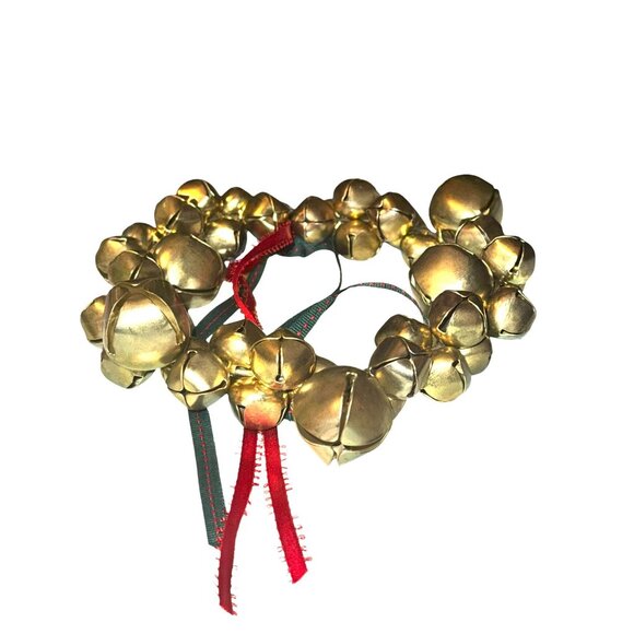 Gold Jingle Bell Wreath With Red & Green Ribbon Accents - Picture 2 of 5